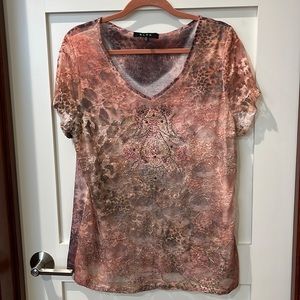 Sheer pink multicolored short sleeved beaded top size XL